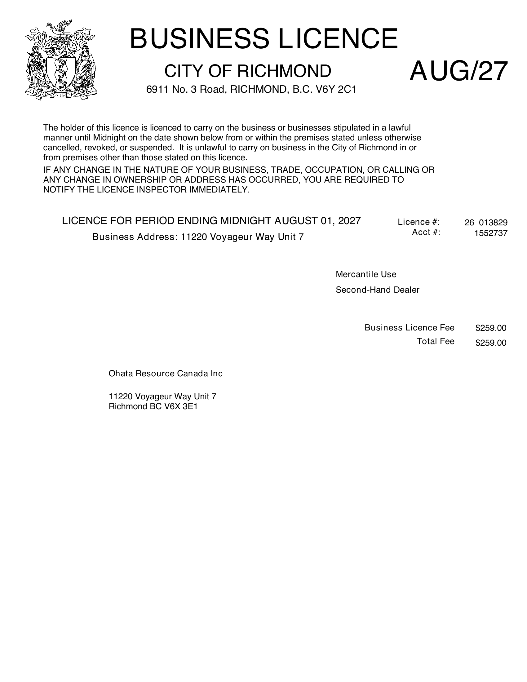 City of Richmond Business Licence for Ohata Resource Canada Inc.