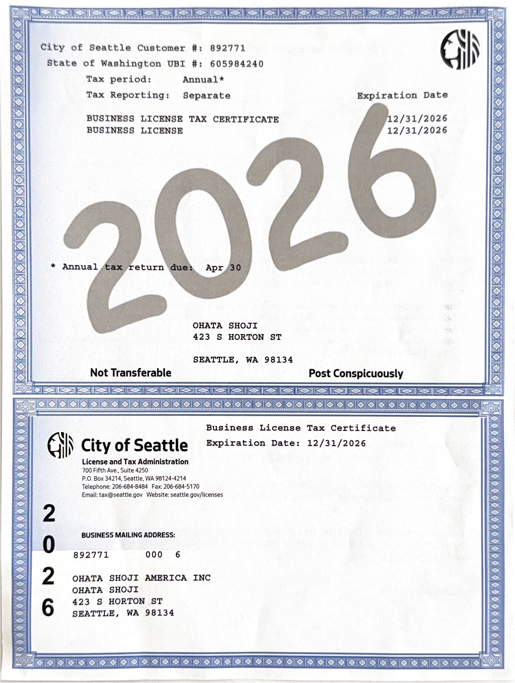 City of Seattle Business License Tax Certificate for Ohata Shoji America Inc.
