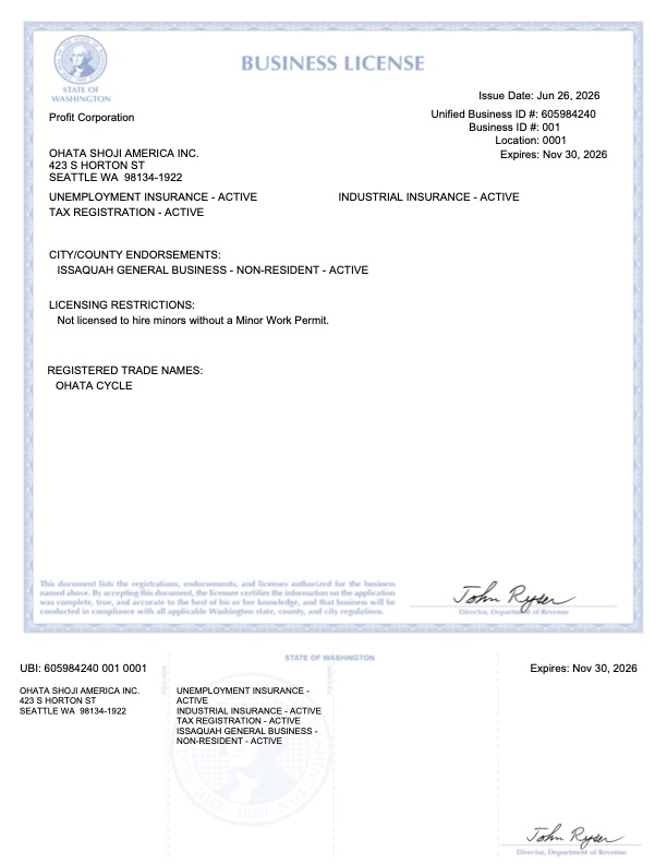 Washington State Business License for Ohata Shoji America Inc.